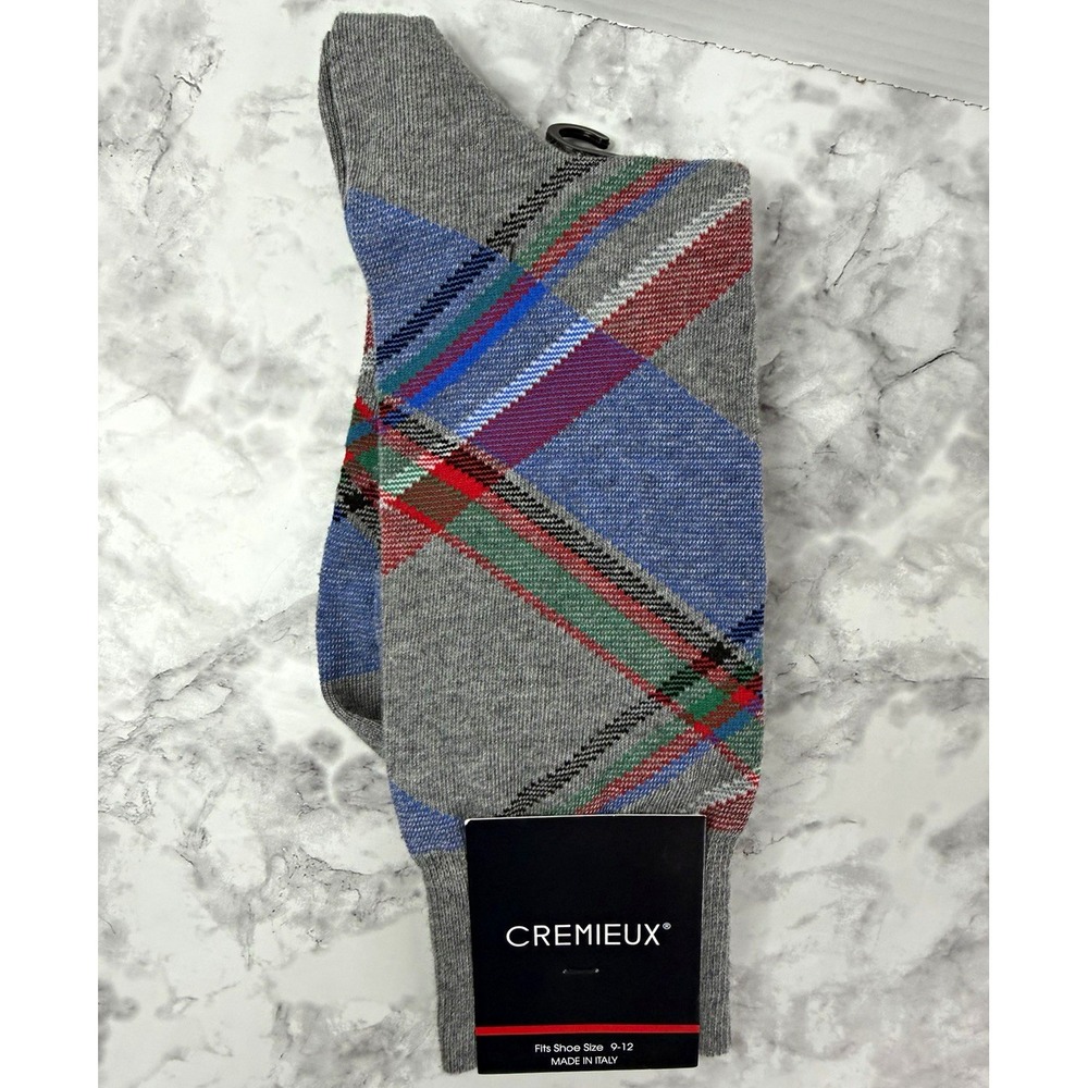 Cremieux Men's Gray Plaid Socks 1 Pair Fits Shoe Size 9-12 Made in Italy